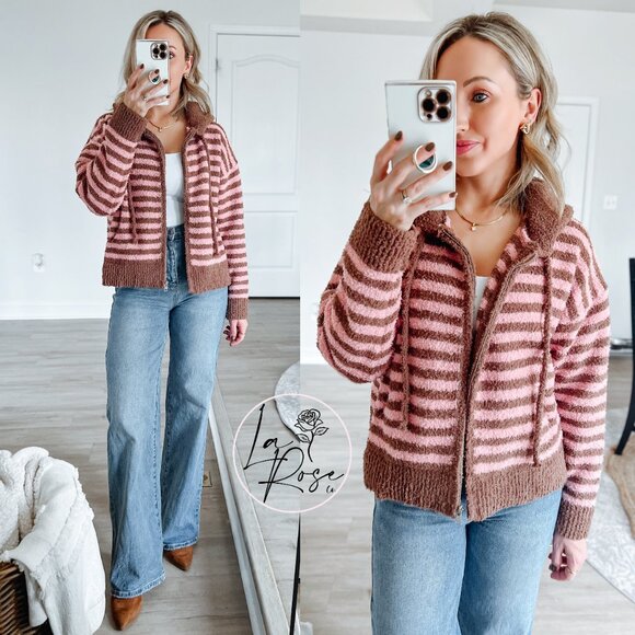 Jayden Striped Zip-Up Hooded Cardigan | Women's Fall & Winter Jacket | Striped - Picture 2 of 13